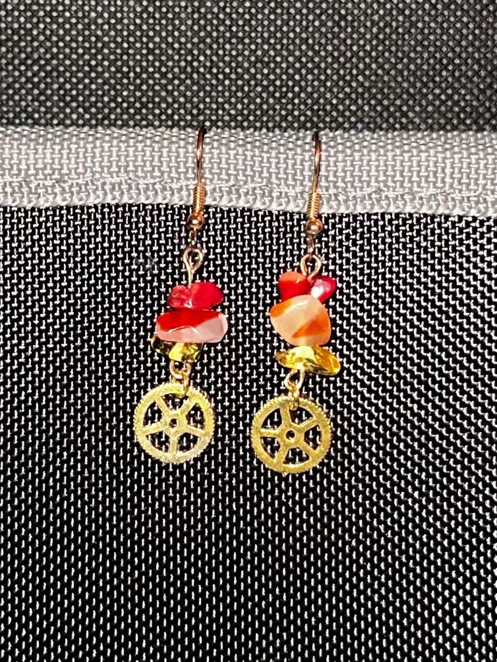 Gold-Tone Dangle Earrings with Red and Orange Bead Accents